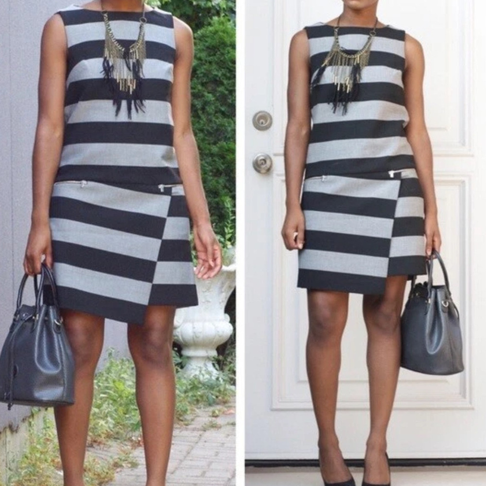 Banana Republic Hailey Dress 4 Rugby Stripe Asymmetric Zip Pockets Mini Shift